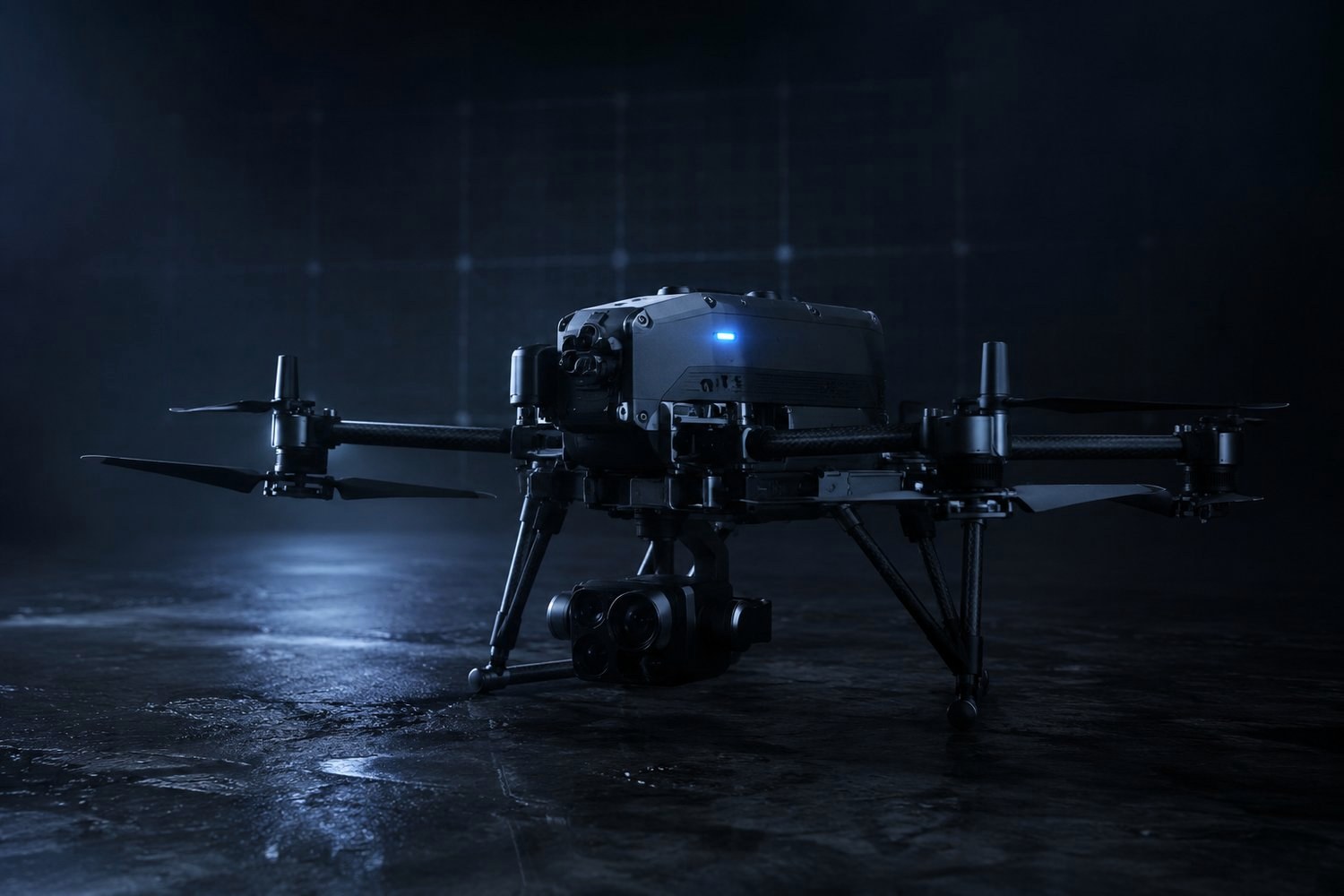 Matte-black enterprise inspection drone, precision-engineering detail, rim-lit in cool blue