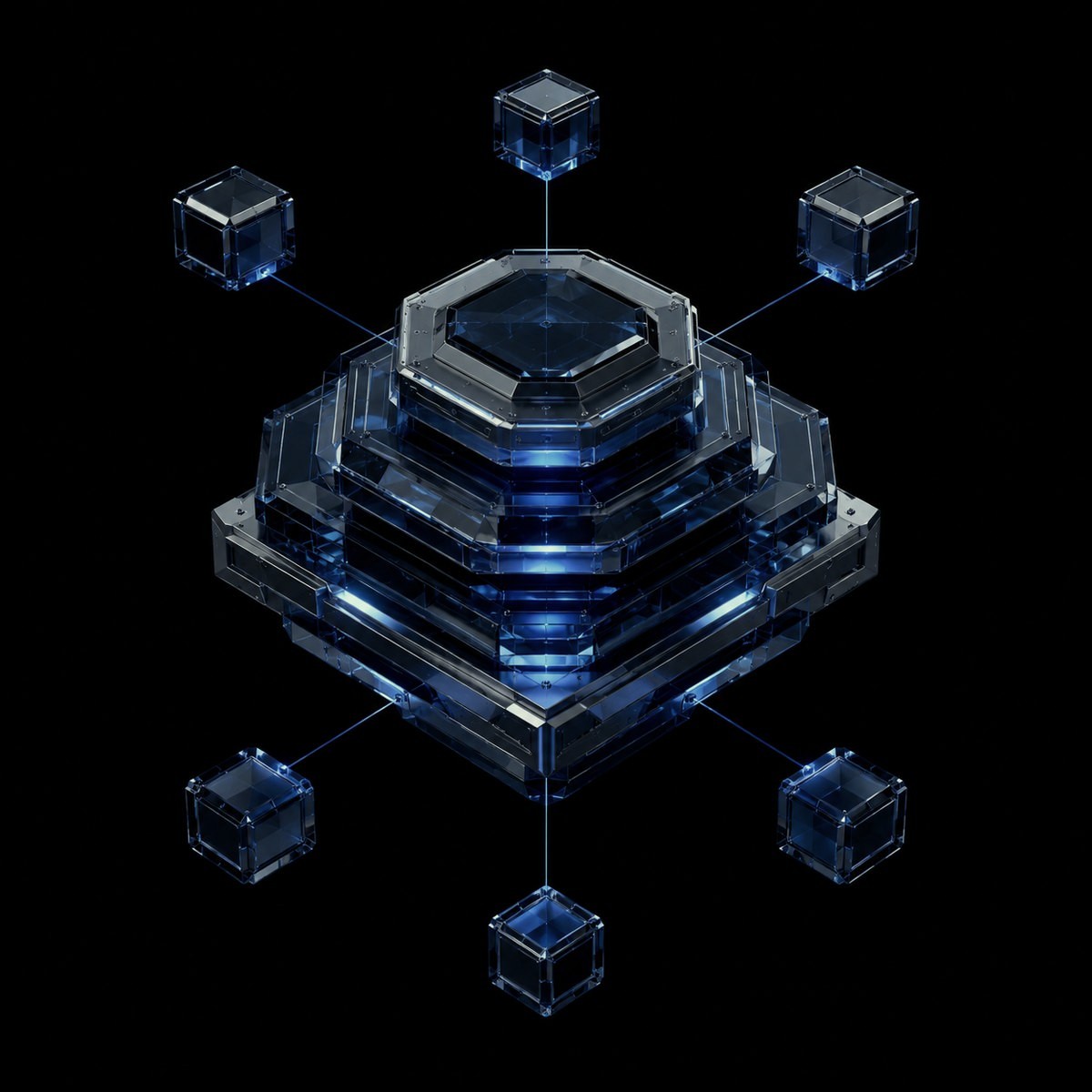 Noxdren Platform core: a layered chrome-and-cobalt data prism with connecting nodes