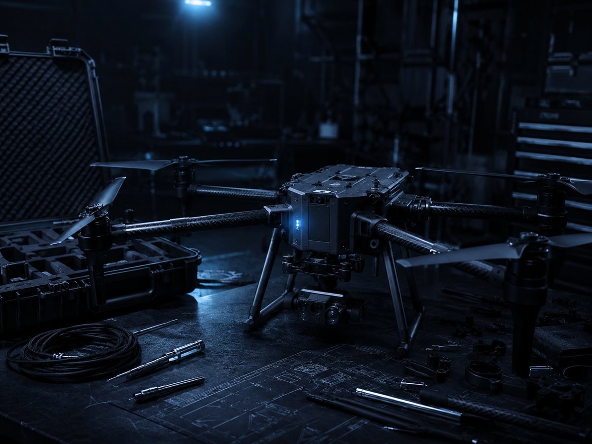 Matte-black drone on an engineering workbench mid-build