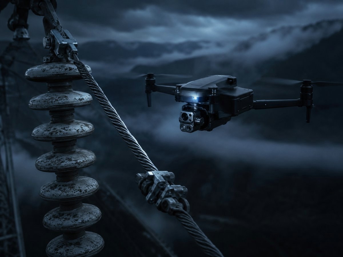 Inspection drone examining a high-voltage power line insulator