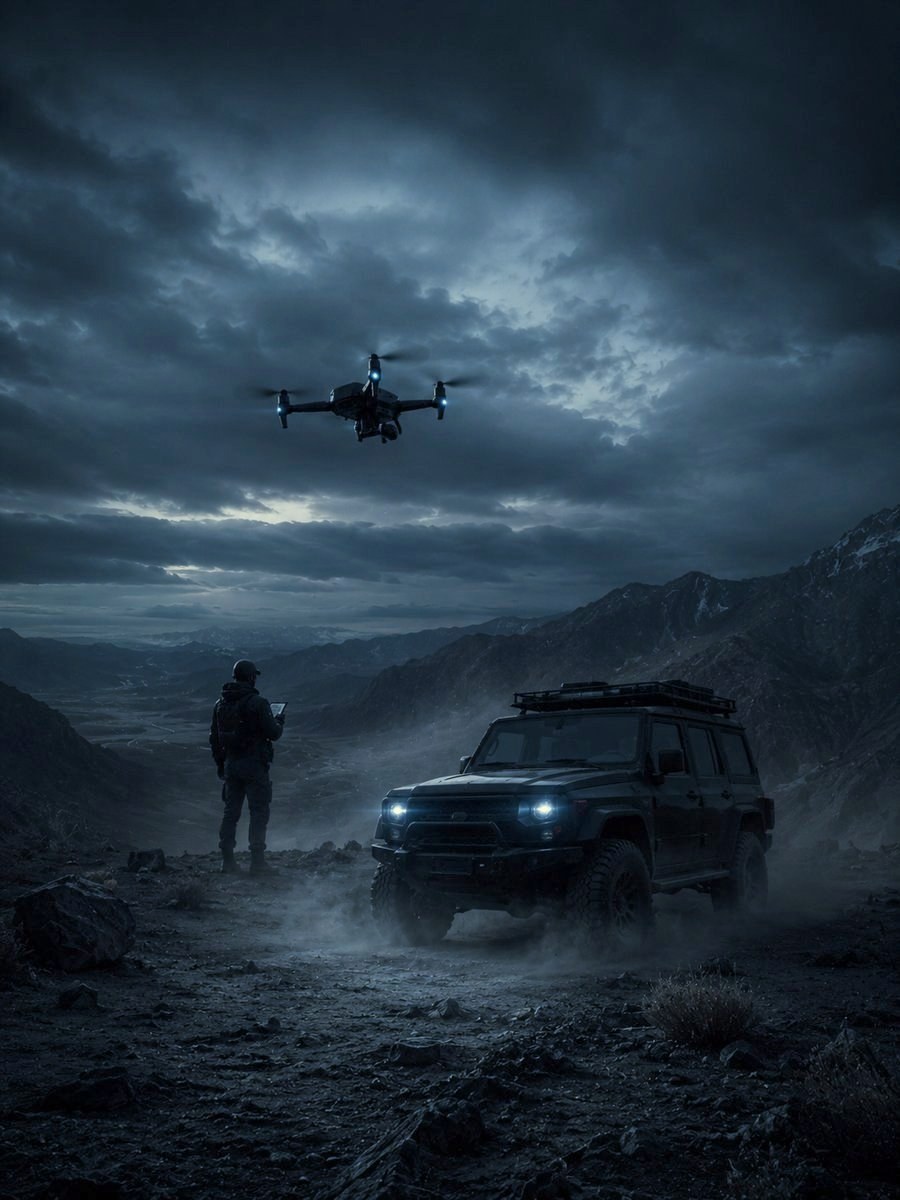 Drone lifting off near a rugged all-terrain vehicle at blue-hour in remote terrain