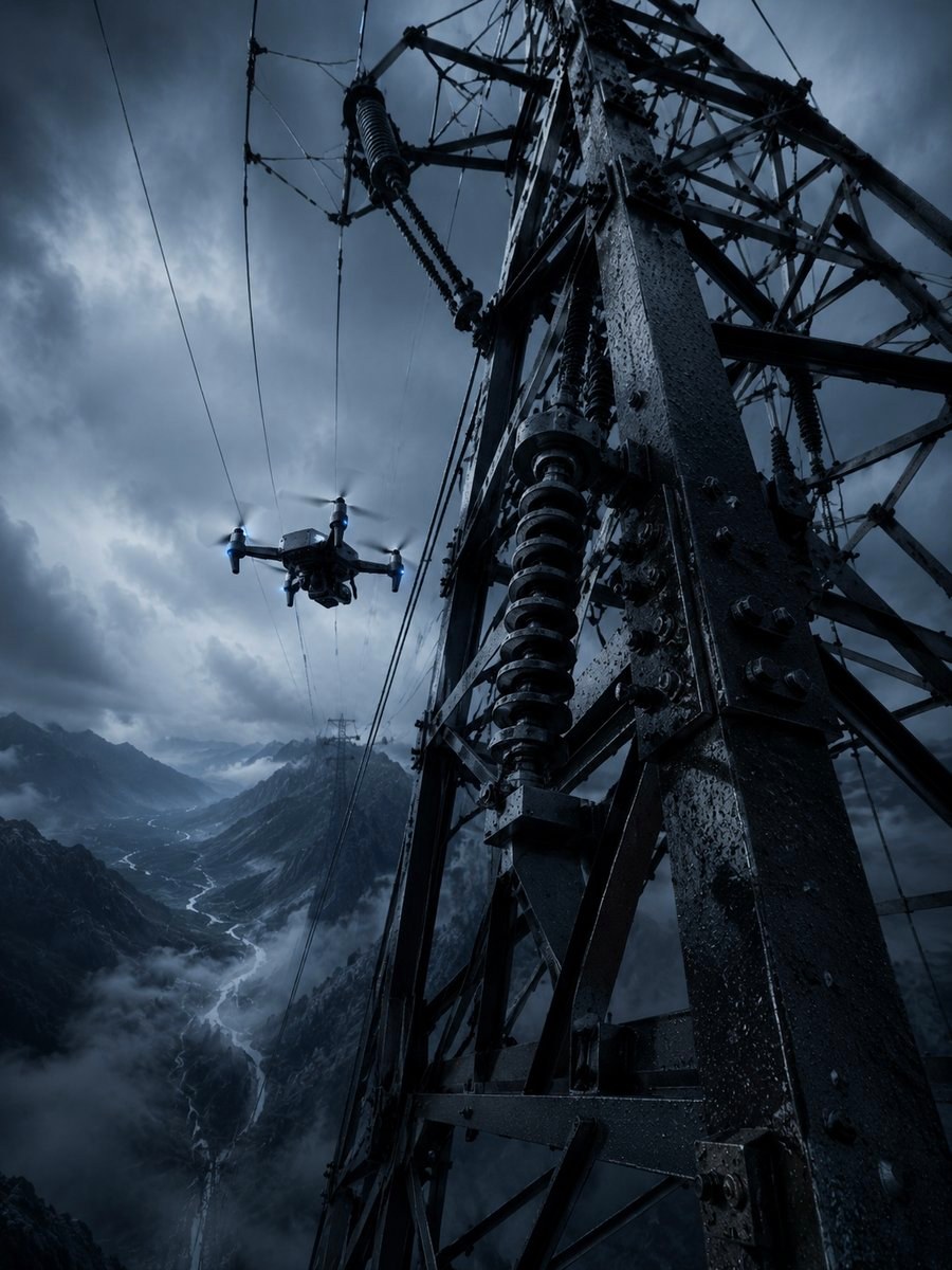 Inspection drone at a high-voltage transmission tower over a stormy mountain valley