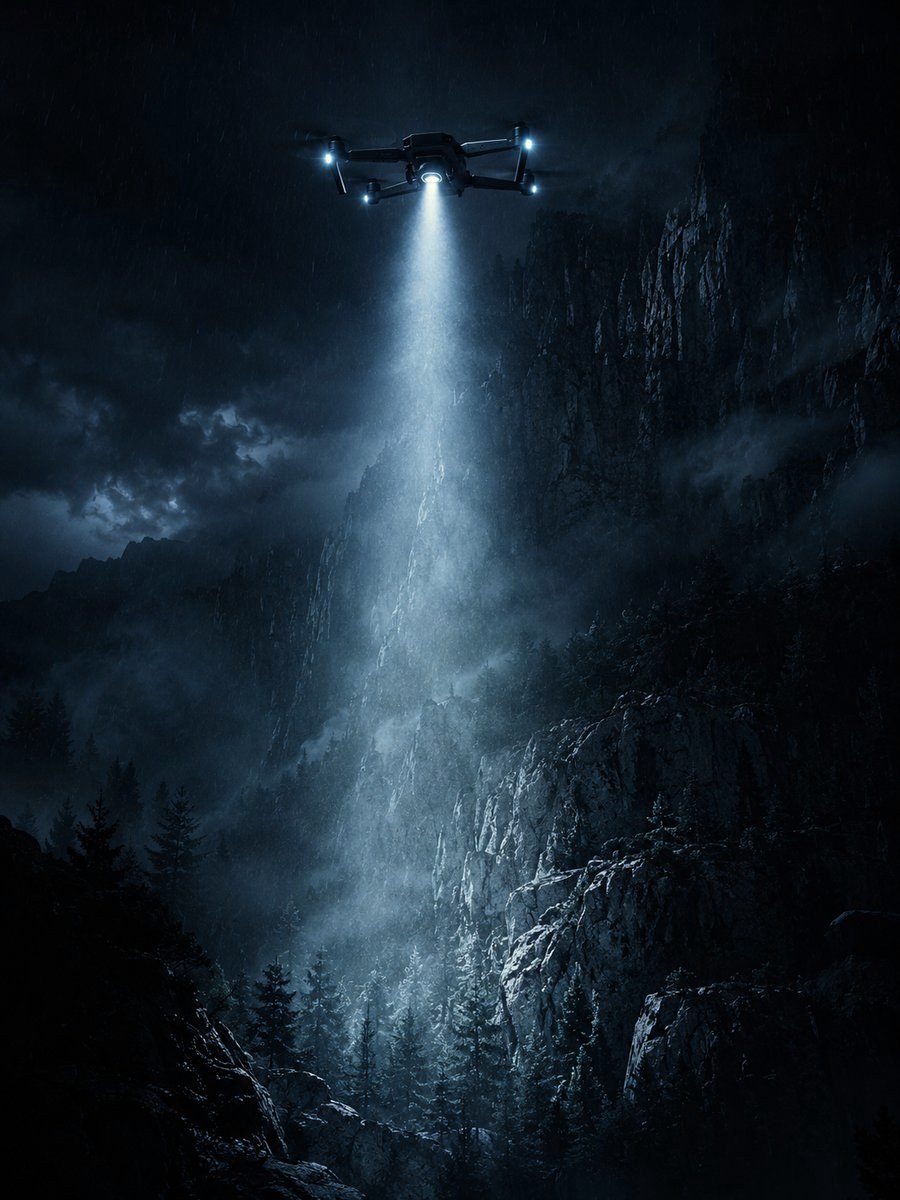 Search-and-rescue drone projecting a floodlight beam over a canyon at night