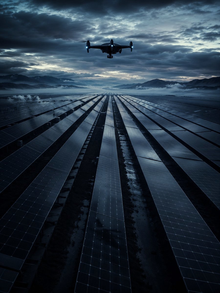 Survey drone over a vast solar panel array receding toward distant mountains